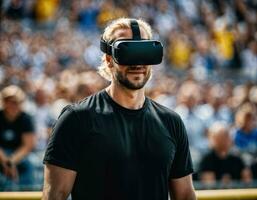 photo of handsome man with VR glasses headset at stadium sport arena, generative AI