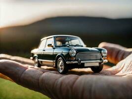 photo of close up hand holding mini car, generative AI