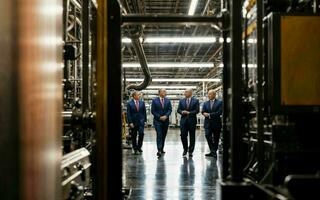 photo of group working entrepreneur man at factory with machine, generative AI