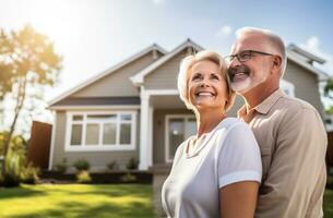 happy old couple standing in front of their new home. AI Generated photo