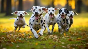 a group of adorable and playful Dalmatian dogs running and frolicking on green grass in a park. AI Generated photo