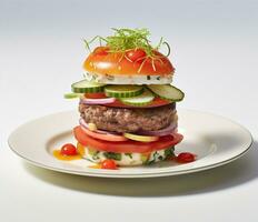 el Perfecto hamburguesa con queso, tocino, pepinillos, tomate, cebollas y lechuga. creado con generativo ai foto