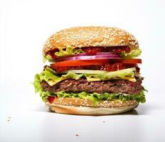 The perfect hamburger with cheese, bacon, pickles, tomato, onions and lettuce. Created with Generative AI photo