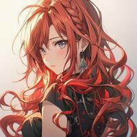 Pretty anime girl with red hair pulled back. Created with Generative AI photo