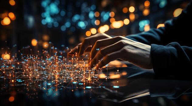 Hands typing on a laptop with blue dots on an screen. Geometric cyberspace, network and future concept. Created with Generative AI photo