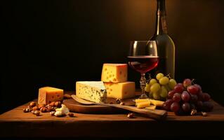 vino, quesos y uvas en un Clásico configuración. creado con generativo ai foto
