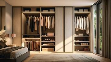 A stylish and functional wardrobe for clothing. Created with Generative AI photo