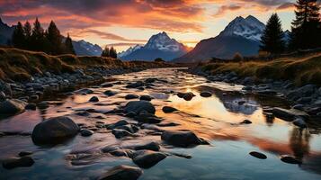 hermosa paisaje con alto río y rojo luz de sol en amanecer. creado con generativo ai foto