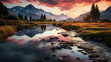 Beautiful landscape with high river and red sunlight in sunrise. Created with Generative AI photo