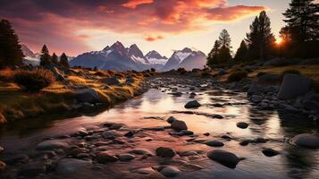 hermosa paisaje con alto río y rojo luz de sol en amanecer. creado con generativo ai foto