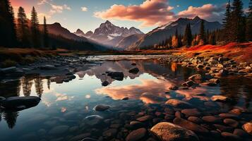 hermosa paisaje con alto río y rojo luz de sol en amanecer. creado con generativo ai foto