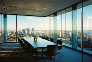 Modern office meeting room interior with glass windows. Created with Generative AI photo