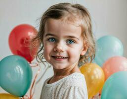 foto Sesión de fotos de niño con globos en blanco fondo, generativo ai