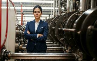 foto de trabajando empresario mujer a fábrica con máquina y obrero, generativo ai