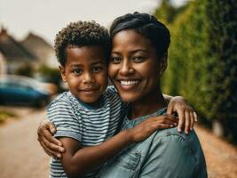 photo of happy family black mother and son, generative AI