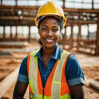 foto de africano negro mujer como un construcción trabajador con casco, generativo ai