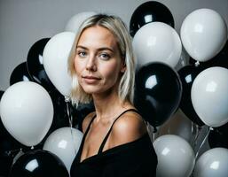 photo of beautiful european woman with blonde hair color in black and white balloons in background, generative AI