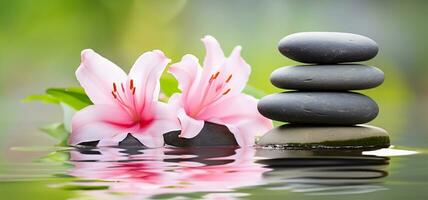 a serene zen garden, focusing on a stack of spa massage stones delicately balanced with pink lily flowers adorning them. AI Generated photo