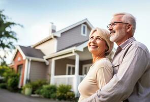 happy old couple standing in front of their new home. AI Generated photo