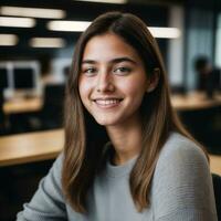 retrato cerca arriba de contento joven Adolescente a el trabajando oficina espacio, generativo ai foto