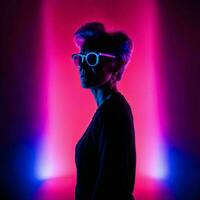 photo of middle aged old woman with with mixed pink and blue neon light, generative AI