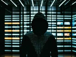 photo of man in black hoodie in server data center room with neon light, generative AI