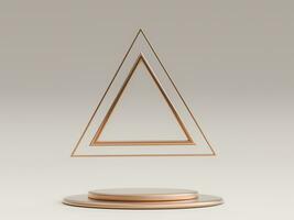Minimal beige background with empty golden round podium and triangle elements. Geometric shapes. 3d rendering. photo