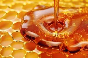 Macro detailed golden honey and honeycombs. Liquid sticky texture. Natural products background. image photo