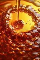Macro detailed golden honey. Liquid sticky texture. Honey flow from the honeycomb. Vertical AI generated photo