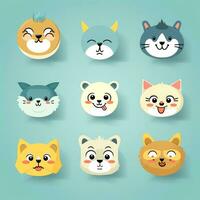 conjunto de animal caras, cara emojis, pegatinas, emoticones, dibujos animados gracioso mascota caracteres cara colocar, generativo ai ilustración foto