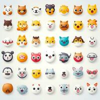 conjunto de animal caras, cara emojis, pegatinas, emoticones, dibujos animados gracioso mascota caracteres cara colocar, generativo ai ilustración foto