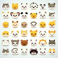 conjunto de animal caras, cara emojis, pegatinas, emoticones, dibujos animados gracioso mascota caracteres cara colocar, generativo ai ilustración foto