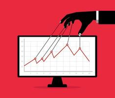 Stock market manipulation, hands with strings over graph for changing, controlling price movement, businessman market manipulator to control market graphs vector