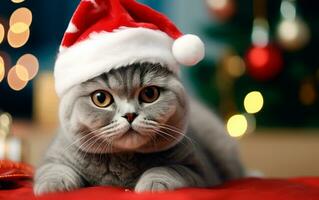 Cute cat in Santa Claus hat against blurred Christmas lights and copy space. Generate AI photo