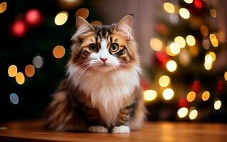 linda gato en contra borroso Navidad luces y Copiar espacio. generar ai foto