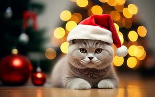 Cute cat in Santa Claus hat against blurred Christmas lights and copy space. Generate AI photo