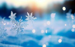 Blurred bokeh background with christmas snowflakes in blue color. Merry Christmas and Happy New Year text wallpaper. AI Generated photo