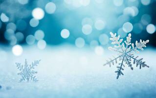 Blurred bokeh background with christmas snowflakes in blue color. Merry Christmas and Happy New Year text wallpaper. AI Generated photo