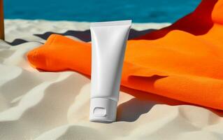 Blank plastic tube of sunscreen for mockup on the beach. Lotion for summer. Skin care concept. Protective cosmetic. Generative AI. photo