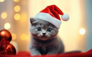 Cute cat in Santa Claus hat against blurred Christmas lights and copy space. Generate AI photo