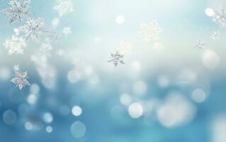 Blurred bokeh background with christmas snowflakes in blue color. Merry Christmas and Happy New Year text wallpaper. AI Generated photo