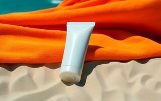 Blank plastic tube of sunscreen for mockup on the beach. Lotion for summer. Skin care concept. Protective cosmetic. Generative AI. photo