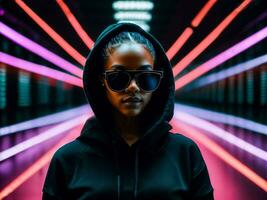 photo of black woman in black hoodie in server data center room with neon light, generative AI