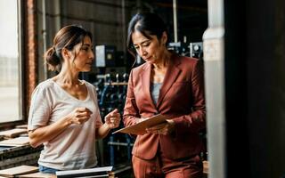 photo of working entrepreneur woman at factory with machine and worker, generative AI