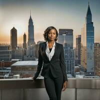 foto de inteligente africano mujer con negro negocio traje a grande moderno ciudad, generativo ai