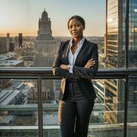 foto de inteligente africano mujer con negro negocio traje a grande moderno ciudad, generativo ai