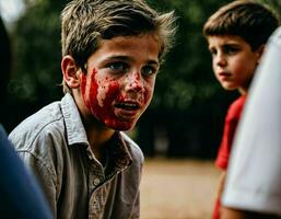 foto grupo de chico siendo intimidado con herida y sangre en el pandilla, generativo ai