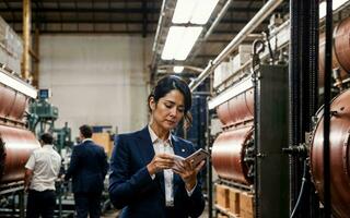 photo of working entrepreneur woman at factory with machine and worker, generative AI