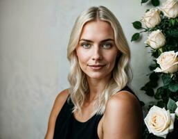 photo of beautiful woman in blonde hair color with white rose background, generative AI