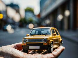 photo of close up hand holding mini car, generative AI